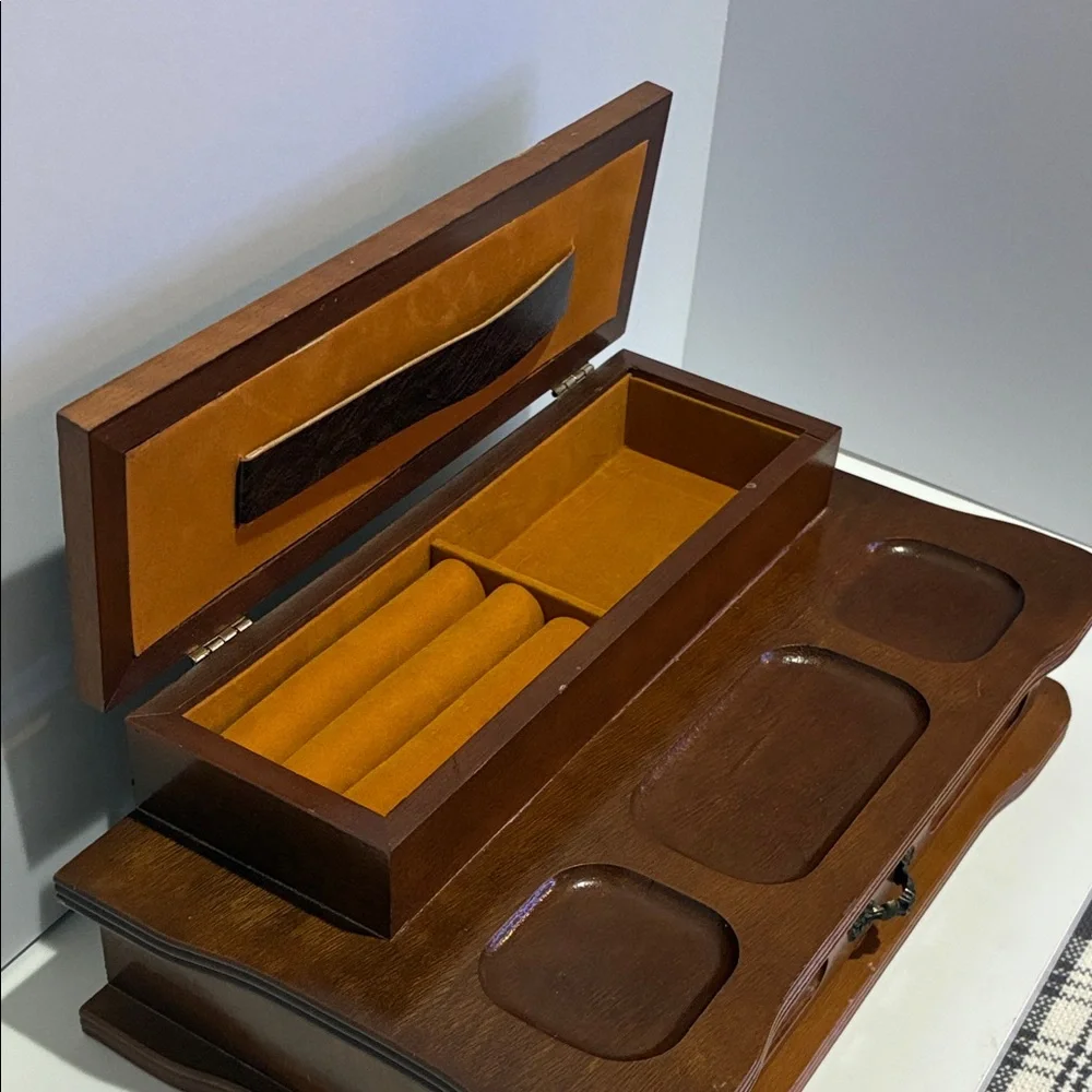 MCM Vintage Wood And Leather Two Tier Jewelry Box Velvet Lined